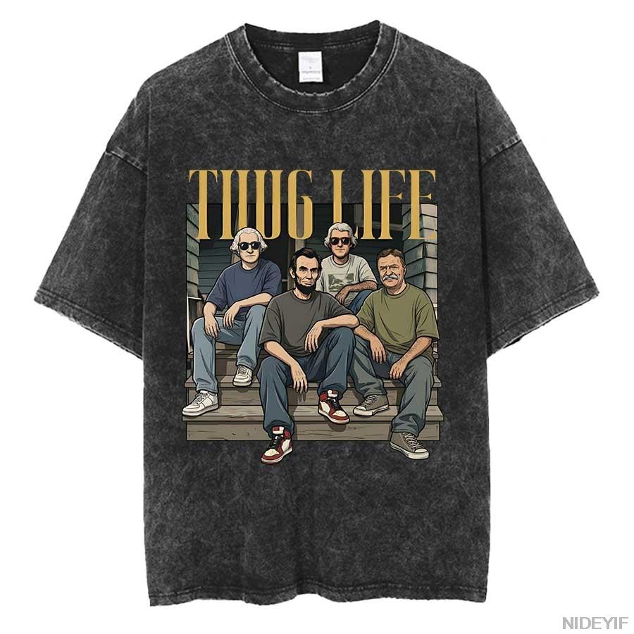 Thug Life Mount Rushmore Oversized T shirt 100% Cotton Vintage Washed T-shirt for men women hiphop streetwear 0417-3 S