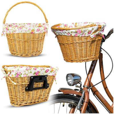 Natural Wicker Bicycle Basket with Handlebar Insert, Click Flowers, Plug-in