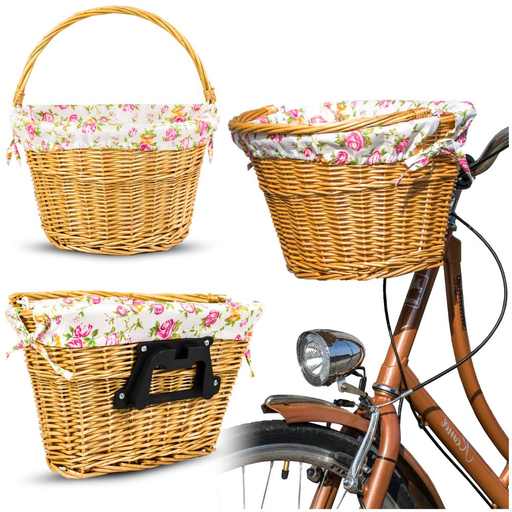Natural wicker bicycle basket with handlebar insert, click flowers, plug-in