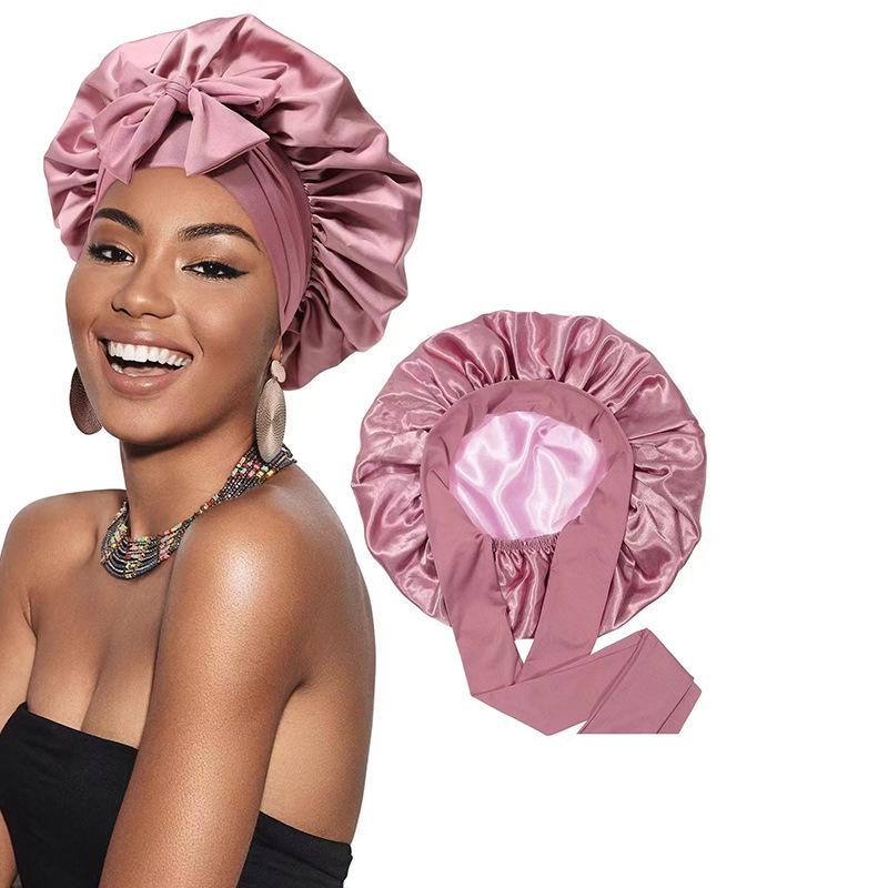 Popular Double Layer Satin Sleep Cap with Ribbon for Women s Hair Protection