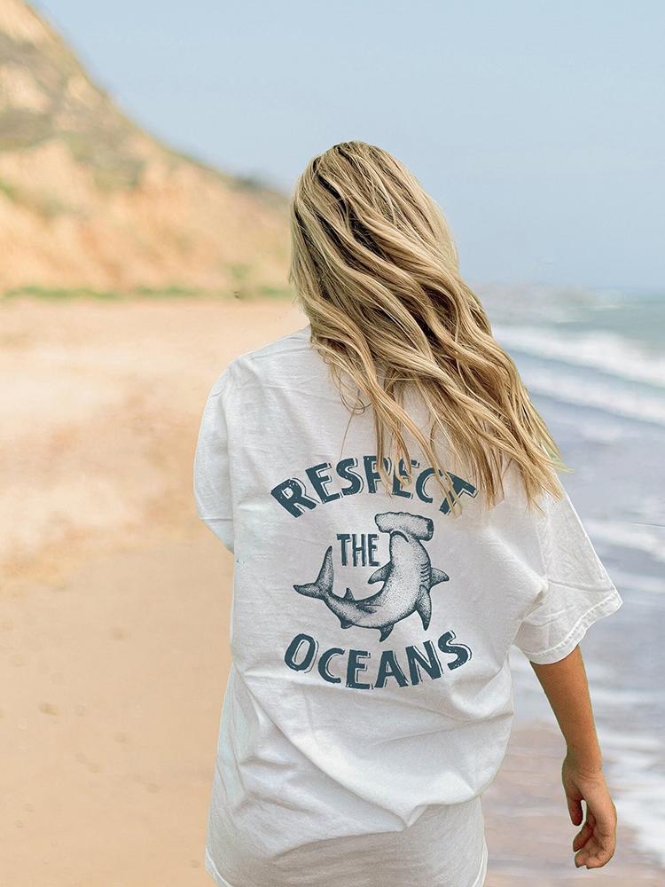 Respect The Ocean Sea Turtle Womans Cotton T-Shirts Vintage Casual Tee Clothes Personality Street O-Neck Tops Women Short Sleeve