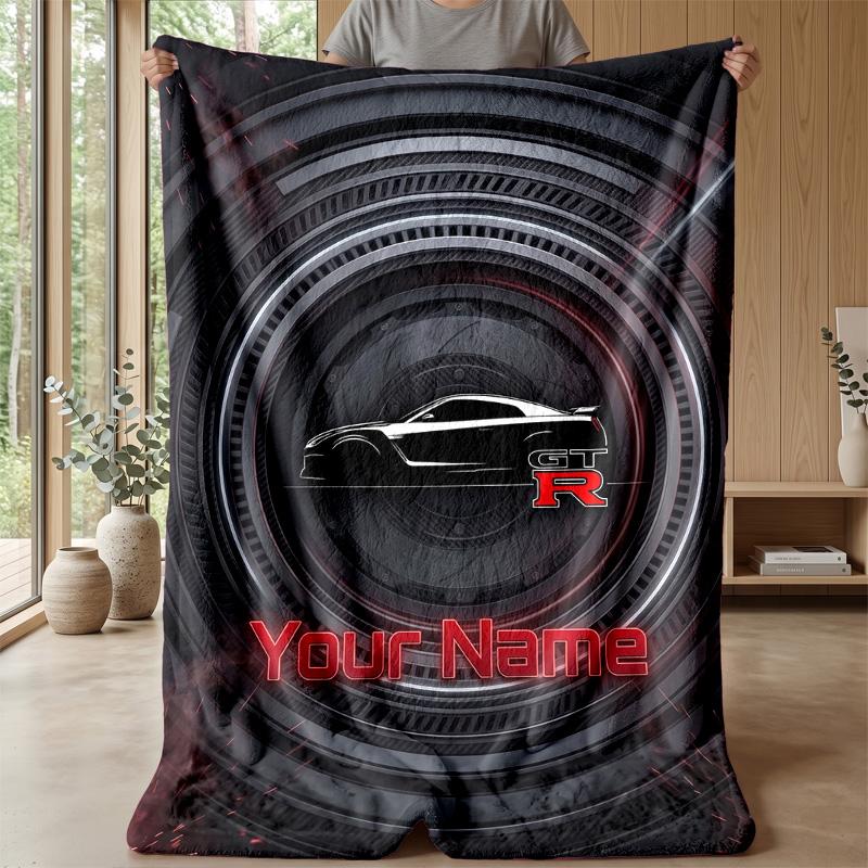 Nissan GT-R Custom Flannel Throw Blanket Print Your Name Text Soft Warm Blanket Holiday Present