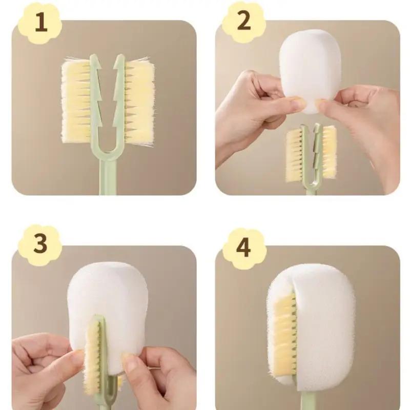 Multi purpose five in one cup cleaning tool with long handle and 360 degree rotation for baby bottle cleaning brush