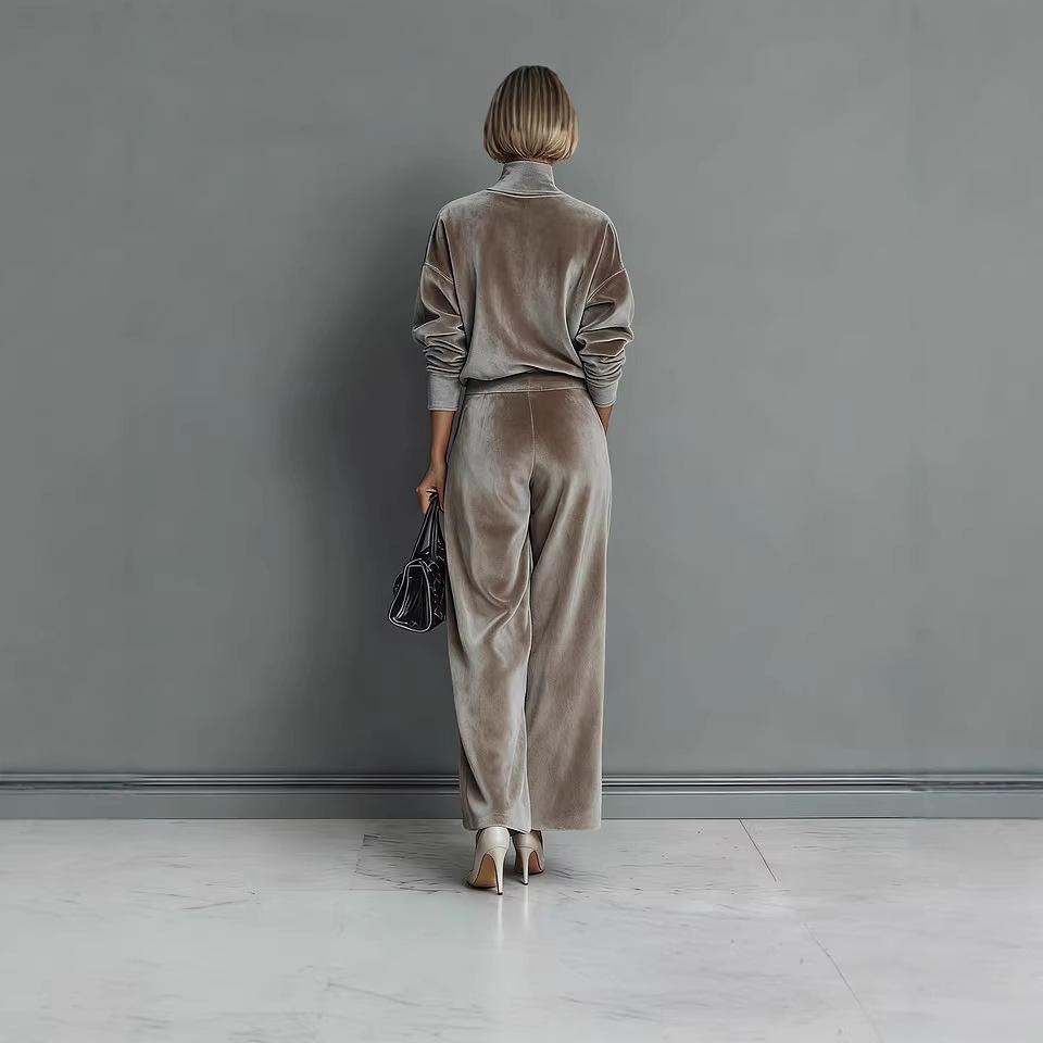 Women Autumn Winter Solid Color Two Piece Set Mock Neck Top Pleated Wide Leg Pants Loungewear