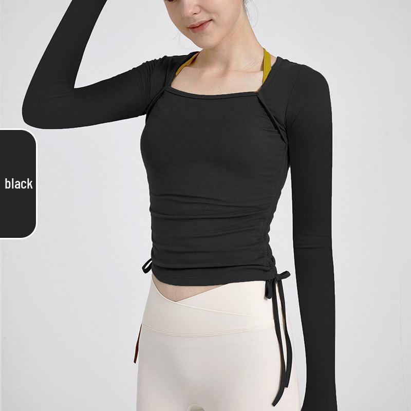 

Женский топ для йоги с длинным рукавом и квадратным вырезом в французском стиле, с боковой кулиской и отверстиями для больших пальцев Size 10 чёрный