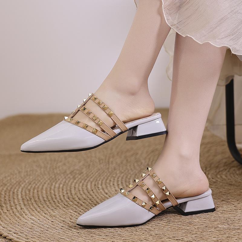 Patent Leather Pointed Toe Half-slipper High-end Studded Sandals For Women Summer Outdoor Flat Shoes