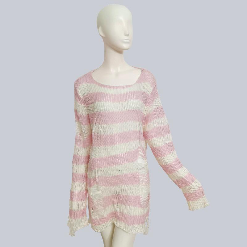 Новый длинный свитер унисекс в стиле панк готический стиль летний женский полосатый крутой джемпер с дырками свободный тонкий темный уличный топ в стиле рок One Size розовый 1490₽