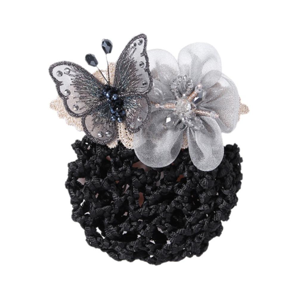 Butterfly Flower Elastic Hair Net Rhinestone Beads Decor Hair Bun Holder  Hotel Staff Uniform