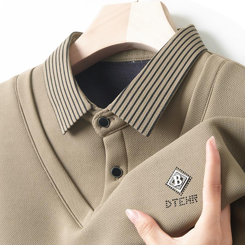 Advanced Luxury Shirt Collar Plush Thick Sweater Men'S Autumn Fashion Brand Embroidery Fake Two-Piece Set Long Sleeved T-Shirt