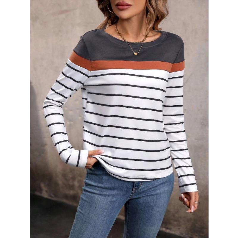 Women's T-shirt 3D stripe color block print fashion long sleeve round neck regular top holiday weekend spring and autumn
