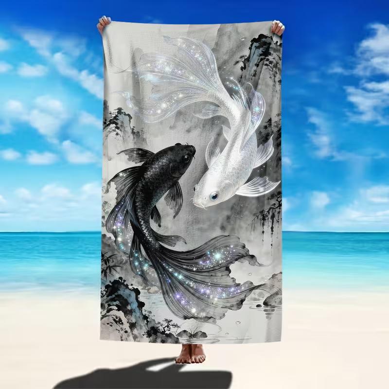 Yin Yang Starry Sky Fish Print Beach Towel Cute Celestial Ocean Animal Print Quick Dry Soft Absorbent Sand Free Towel for Summer