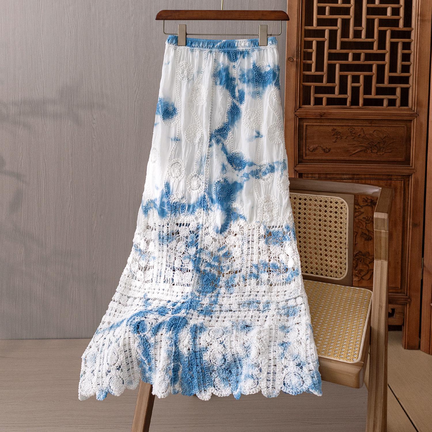

Yunnan Tie-Dye Wool Midi Skirt: Handmade Blue Floral Pattern, Slimming & Versatile with Hollow Design for Women One Size