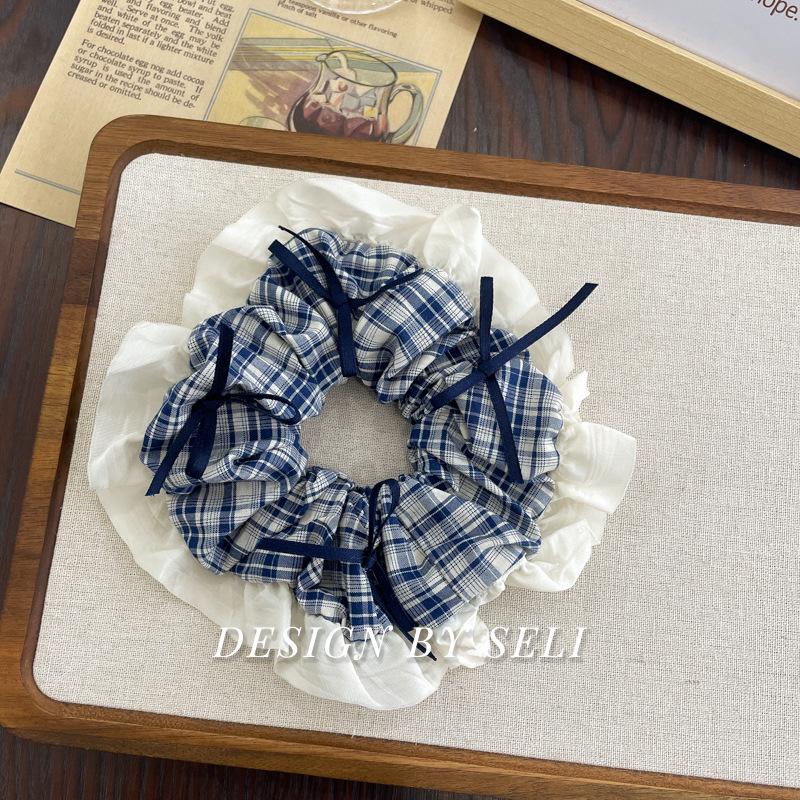 Dongdaemun Blue Plaid Bow Hair Tie with Elegant Design