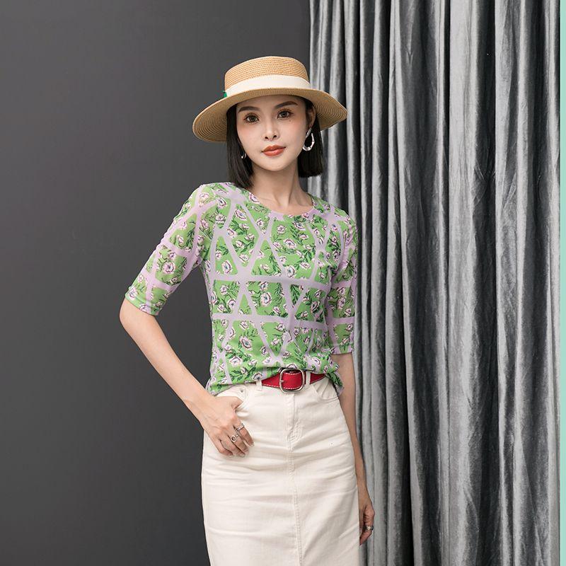 

Three-Quarter Sleeve 2024 New Arrival Shoulder Printed Mesh Tops Green XL