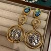 Round Ancient Coin Earrings Greek Retro Head Earrings Vintage Natural Shell Plated Real Gold Diamond Earrings New