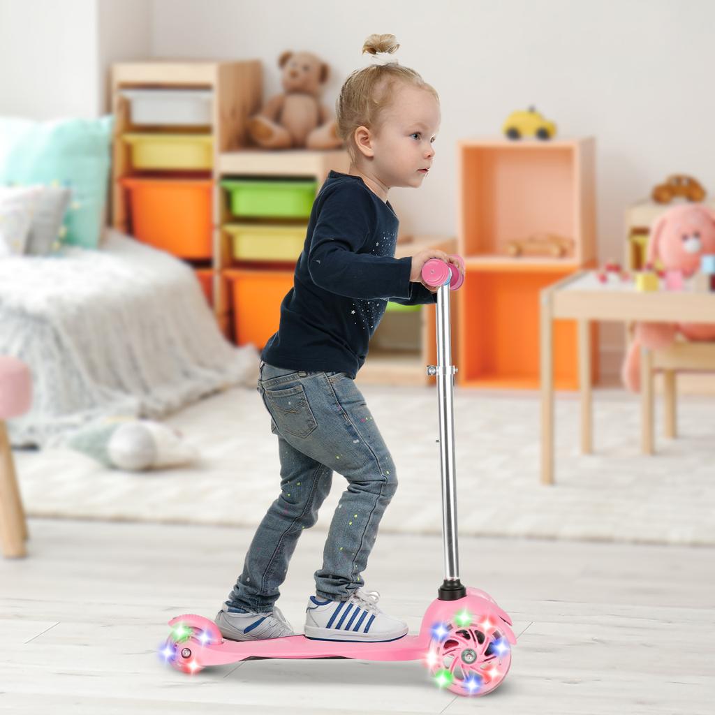 Pink Adjustable Three-Wheel LED Light-Up Kids Scooter