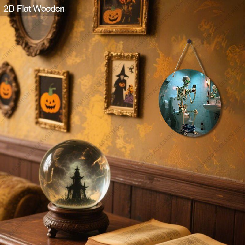 Wooden Hanging Decorative Signs, Halloween Decorations, Bathroom Decorations, 2D Flat Pendants, the Pattern Is a Skeleton Sitting On the Toilet