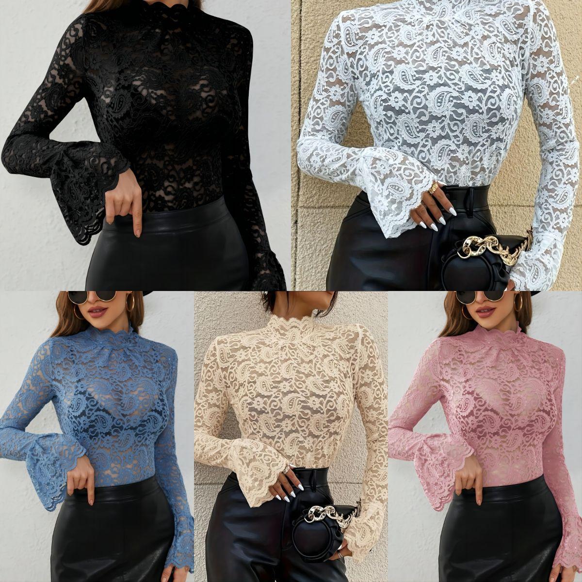 

Sexy Cashew Flower Lace Slim Slim Thin Outwear Inside Out Flared Sleeve Tops Women Versatile Closet Essential Fashion Items Shirt XXL