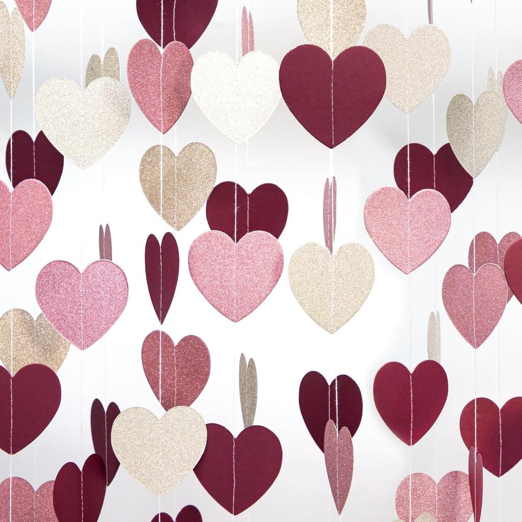 Rose-Gold Pink Burgundy Valentines Decorations - Paper Heart Garland 52ft Hanging Streamer Banner Engagement Mothers Day Wedding Anniversary Bridal