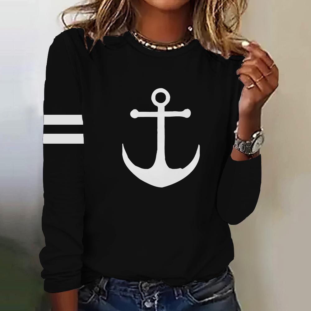 Herbst Frauen T Shirt Langarm Tops Anker Grafik Weibliche Kleidung Alltägliche Streetwear Oansatz Pullover Für frauen Tees 2023