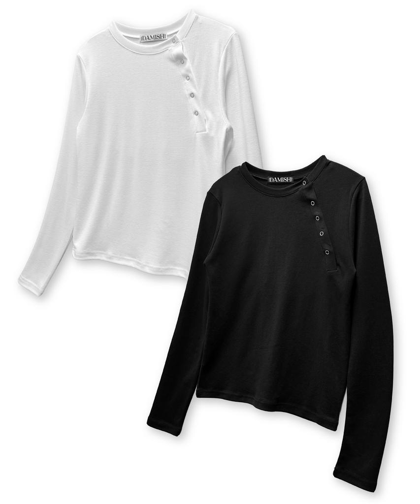 Damiswi Diagonal Snap Button Long Sleeve_White