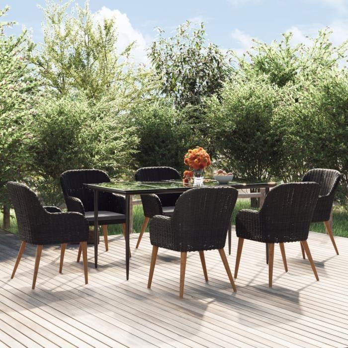 3156727 vidaXL Mobilier de salle à manger de jardin avec coussins 7 pcs Noir