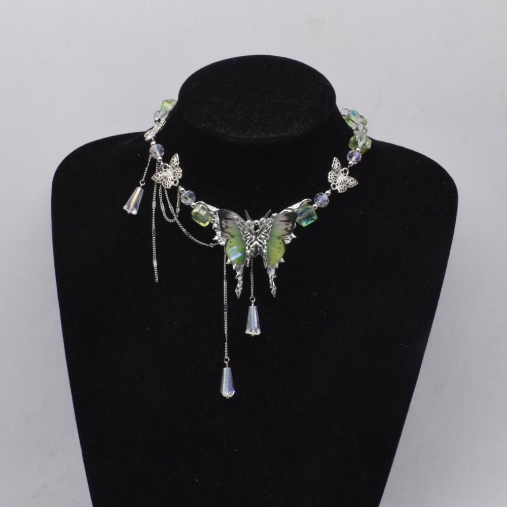 Sweet Rhinestone Butterfly Necklace Exaggerated Women's Choker Tassel Crystal Necklace  Party