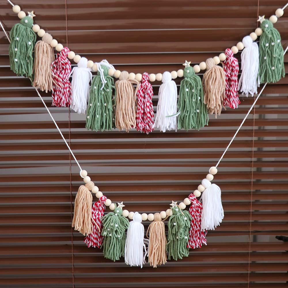 Wooden Beads Hanging Pendant Boho Style Tassel Banner Christmas Tassel Ornaments Home Decor