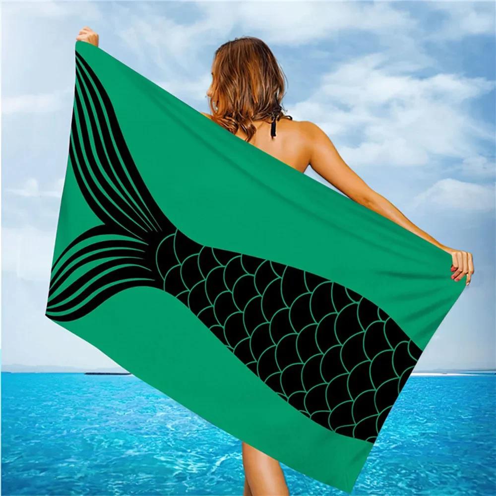 Outdoor Water Sports Beach Towel Mermaid Tail Fish Print Quick Drying Swimming Surf Towels Portable Travel Picnic Mat Women Gift