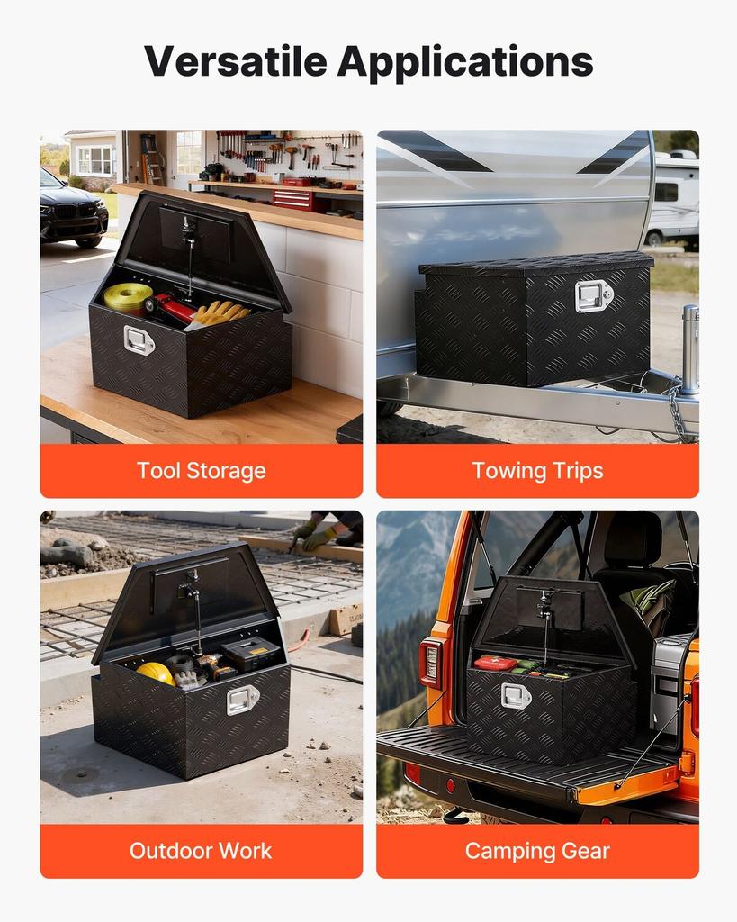 Trailer Tongue Box, 660 x 330 x 305 mm Aluminum Trailer Tongue Tool Box, Heavy Duty Storage Organizer with Lock & Keys, Utility Tool Chest for Pickup
