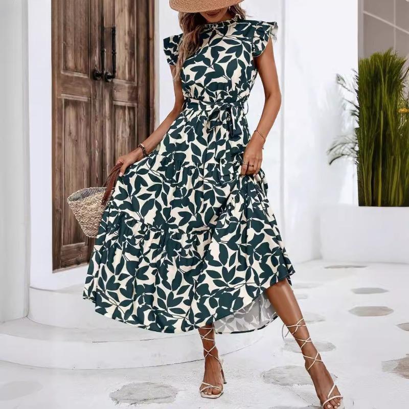 Women's Fashion Summer Spring Flower Pattern Print Sleeveless Stand-collar High Waist Casual Dresses