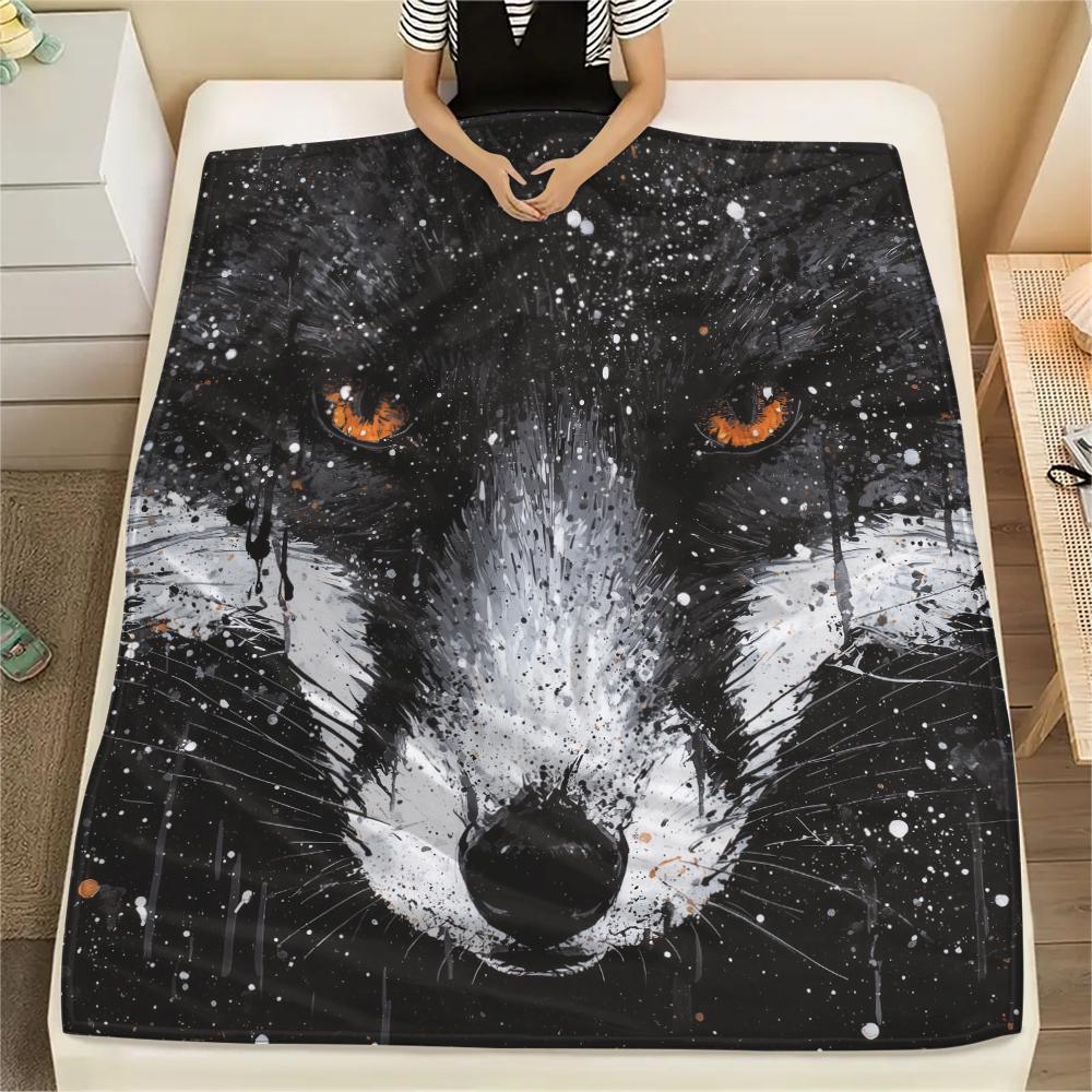 Black Fox pattern Flannel Blanket, High quality Comfortable for All Seasons, Home Decor, Warmth and Comfort, Perfect for Gifts.