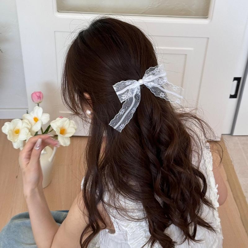 2pcs French Imitation Pearls Lace Bows Hair Clip Elegant Hair Accessories For Women Girls Bridal Party Everyday Use