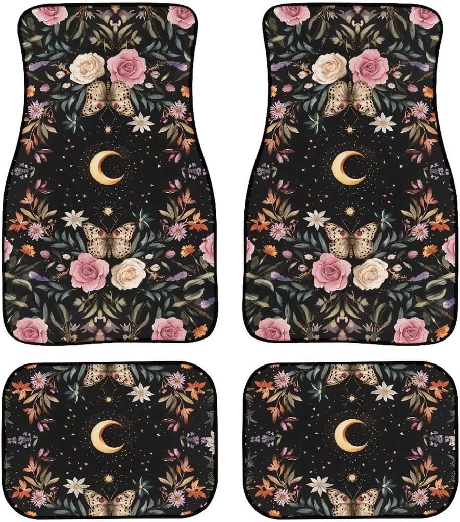 Universal Fit Auto Carpet Floor Mats Set of 4 for Women Girls Decorative Boho Floral Print Car Floor Mats Front & Rear Liners Set