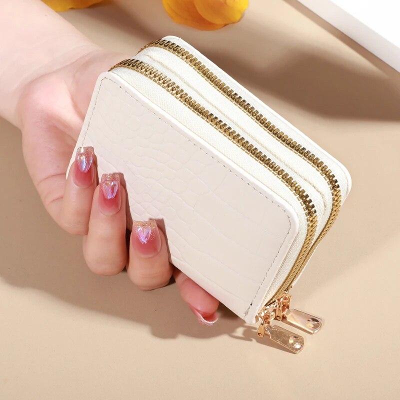 Elegante cartera multitarjetas para mujer - Cartera de mano con doble cremallera | Monedero informal de piel sintética con elegante tarjetero de cocodrilo