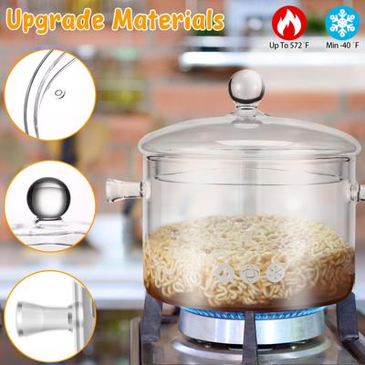 1.5L Transparent Glass Cooking Pot with Lids and Brush Nonstick Glass Simmer Pot Heat Resistant Dual Handles Kitchen Cookware