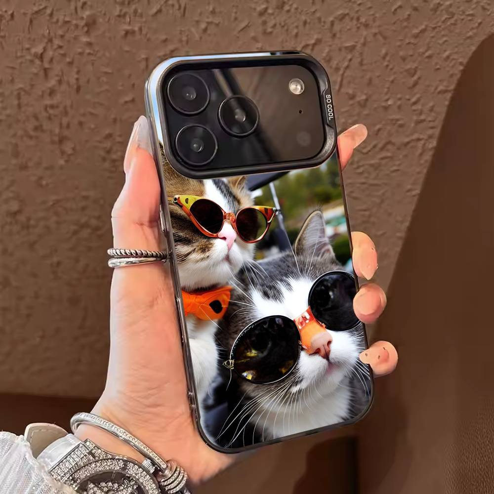 Cute Cool Sunglasses Cat  Phone Case For iPhone 17,16,15,14,13,12,11,Pro Max,Plus Candy Silver Cover