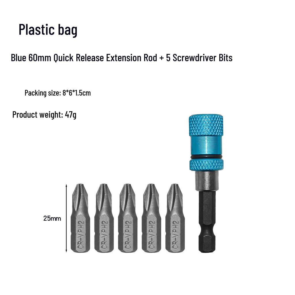 60mm Dark Blue Adjustable Stainless Steel Screwdriver Bit Extension with 1/4 Hex Shank & Quick Release Magnet