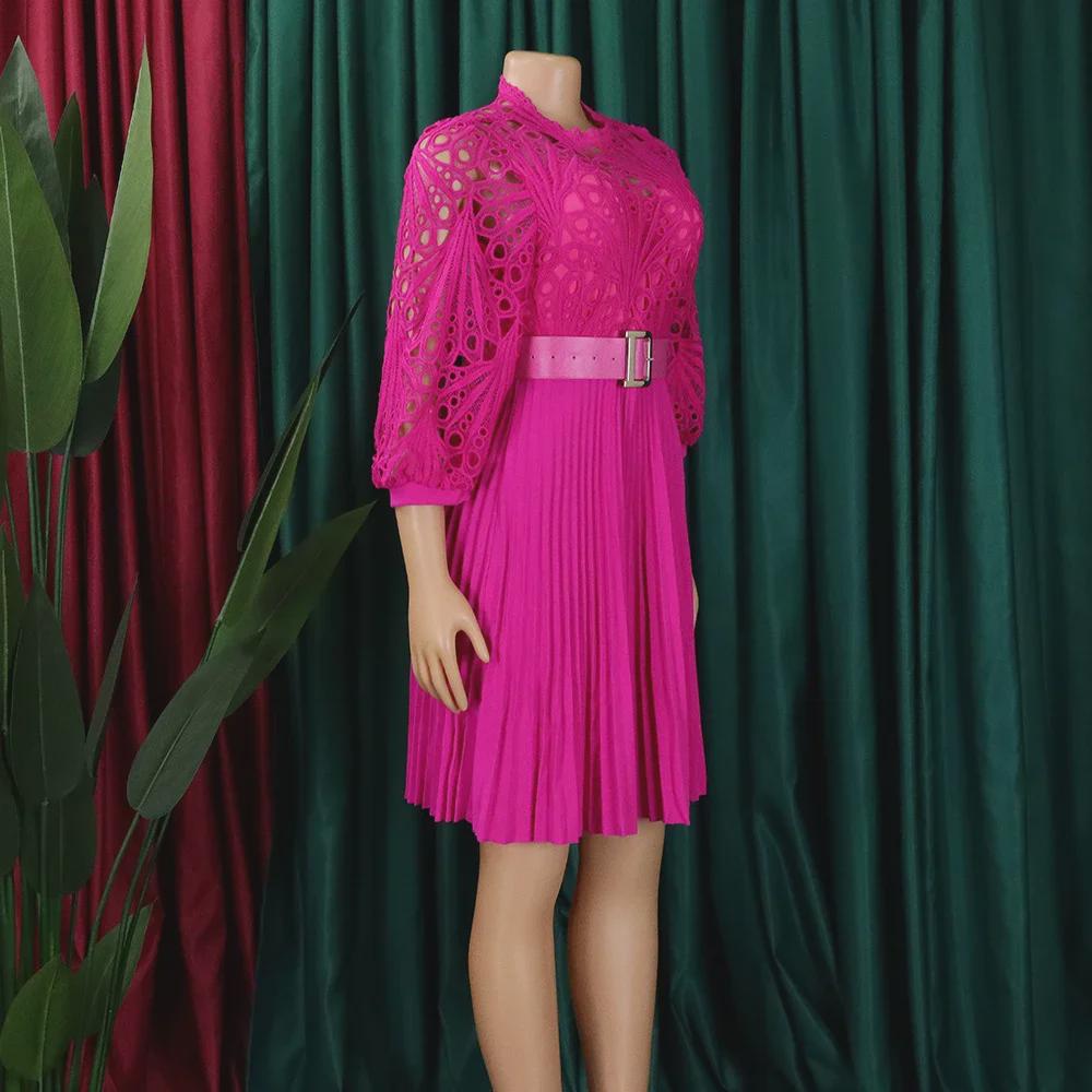 2024 Pure Color Lace Hollow Pleated Women's Dress - European and American Style