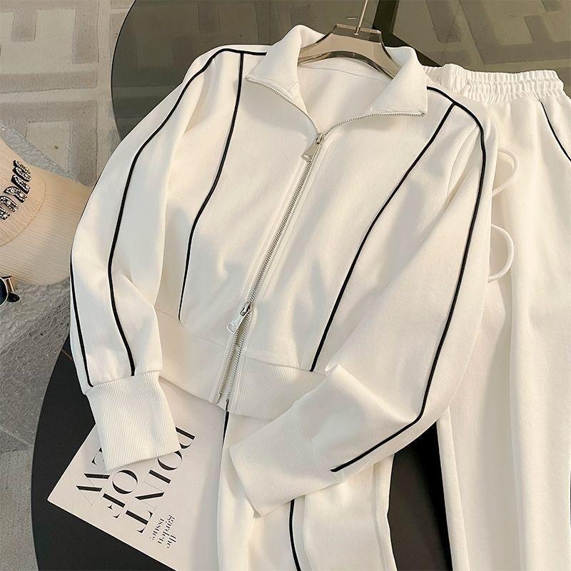 Dámská tepláková souprava Kontrastní zip Bundy s dlouhým rukávem + Kalhoty rovného střihu se stahovací šňůrkou s vysokým pasem Jarní dámské outfity Dámské soupravy