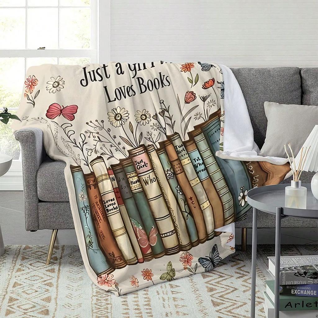 1pc Floral Book Stack Gift for Daughter Flannel Blanket, 2D Print Soft Warm Throw, All Season Cozy Blanket for Bedroom Living Ro