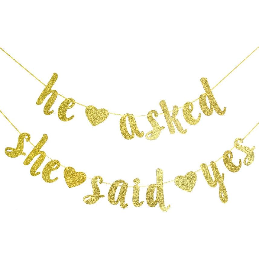 He Asked She Said Yes Gold Glitter Banner - Wedding, Engagement, Bridal Shower Party Decorations