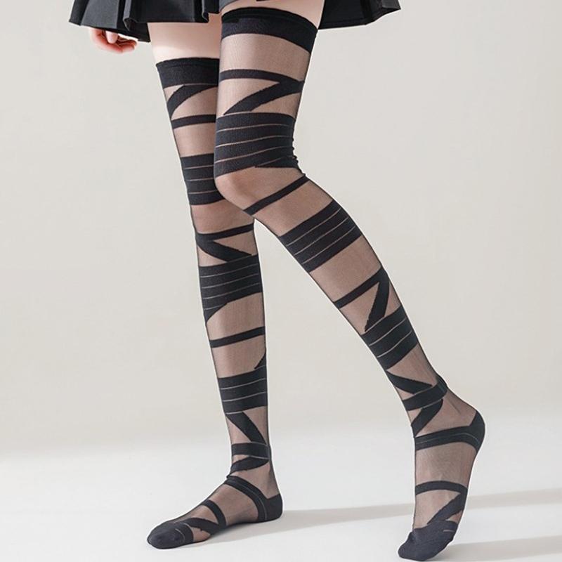 Women Bandage Stripe Long Stockings Female Japanese Lolita Jk Y2K Sexy Summer Cross Long Stockings Long Tube White Stockings