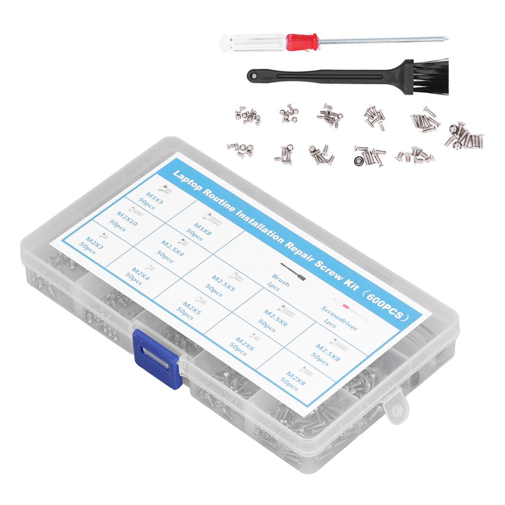 600 Stück Computerschrauben Sortiment-Kit Flachkopf M2 M2.5 M3 mit Schraubendreher Bürste(Silber )