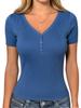 Women V Neck Ribbed Knit Short Sleeve Top with Button Casual Slim Fit Pullover for Everyday Wear