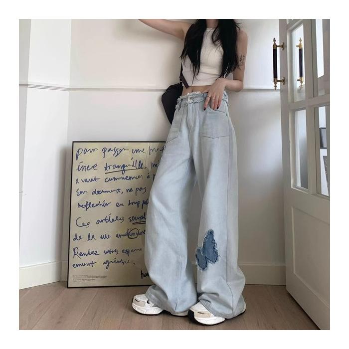 

Korean version of high waist wide leg jeans women s spring new loose light blue butterfly loose drop straight pants S светло-синий