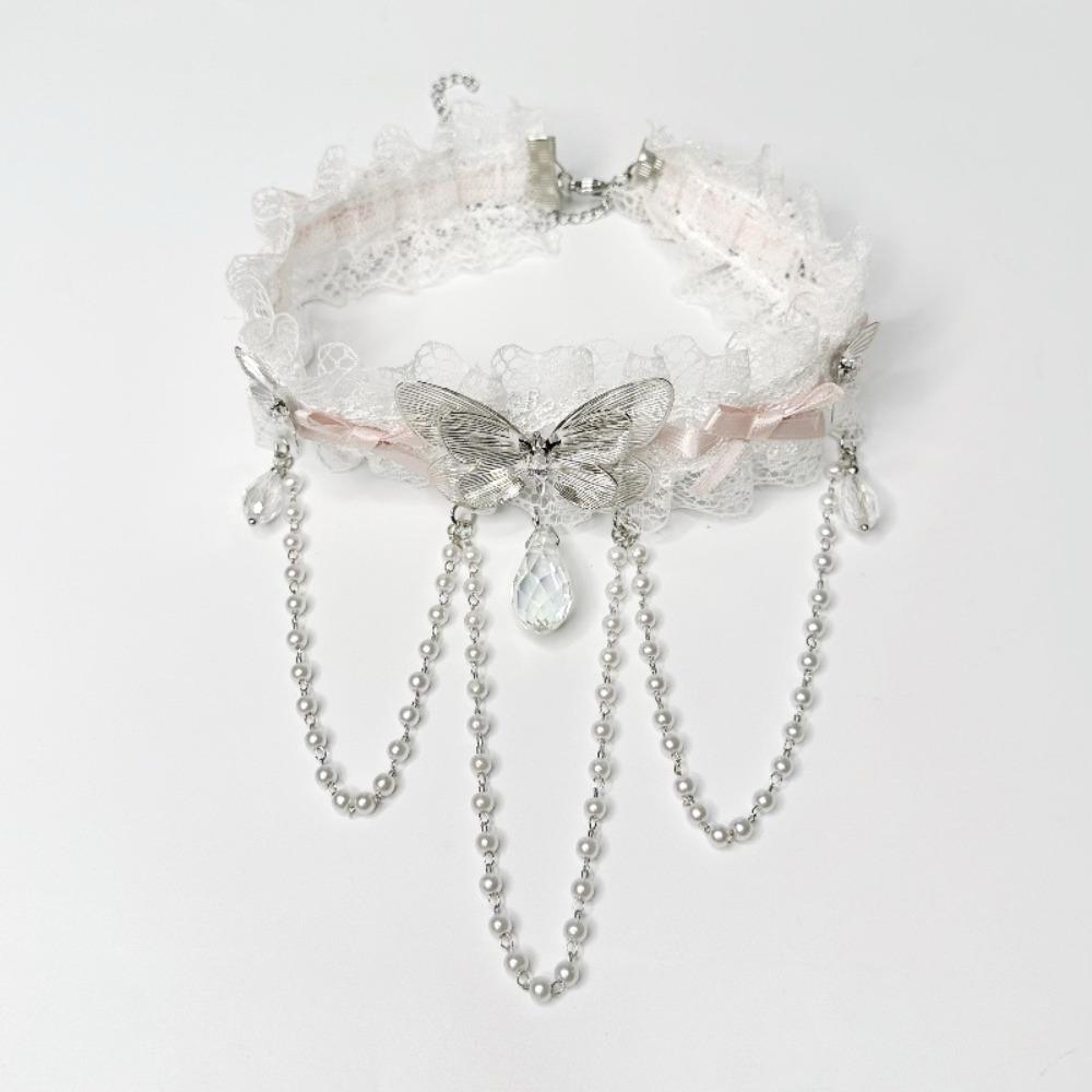 Lolita Lace Bow Choker Pearl Tassel Butterfly Necklace Rhinestone Pendant Necklace  Music Festival