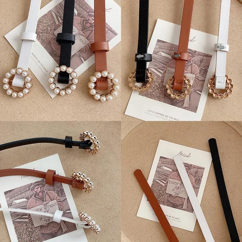 New Korean Fashion Versatile Women's Smooth Buckle Belt with Round Inlaid Decoration Pearl Belt Women's Clothing Accessories