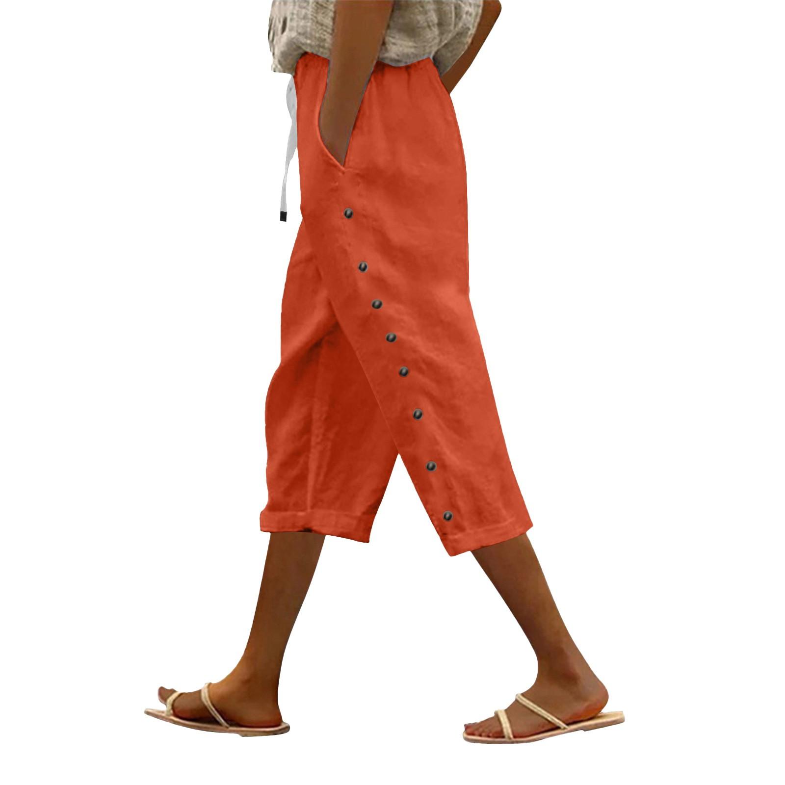 

Women Casual Side Button Up Trendy Pants Baggy Elastic Waist Straight Leg Comfort Trousers With Pocket XL помаранчевий