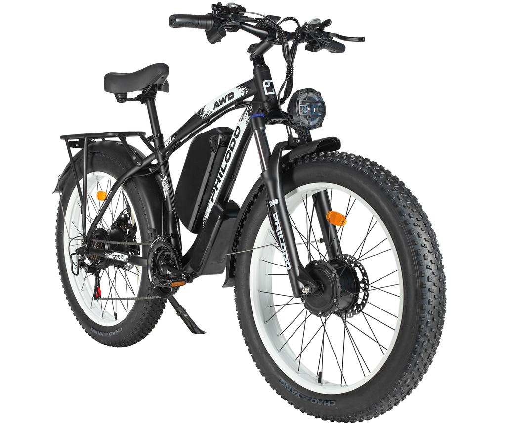 PHILODO H8 All-Terrain Elektrofahrrad 48V26Ah Akku 3000W Motor Doppelmotor 26 Zoll Breitreifen 150KG Zuladung E-Mountainbike Für Erwachsene Mit Anhängersitz